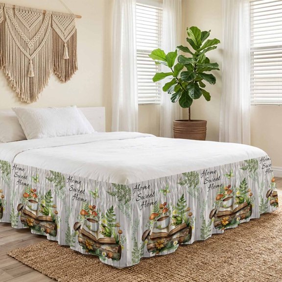 King Bed Skirt 16 Inch Drop, Sweet Home Words Frog Easy Fit Wrap Around Ruffle Bedding, Coffee Mushroom on Wood Board Bed Skirts with Adjustable Elastic Belt