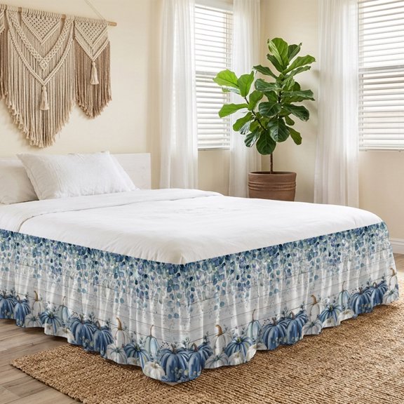 King Bed Skirt 16 Inch Drop, Thanksgiving Eucalyptus Leaf on Wood Easy Fit Wrap Around Ruffle Bedding, Autumn Pumpkins Bed Skirts with Adjustable Elastic Belt