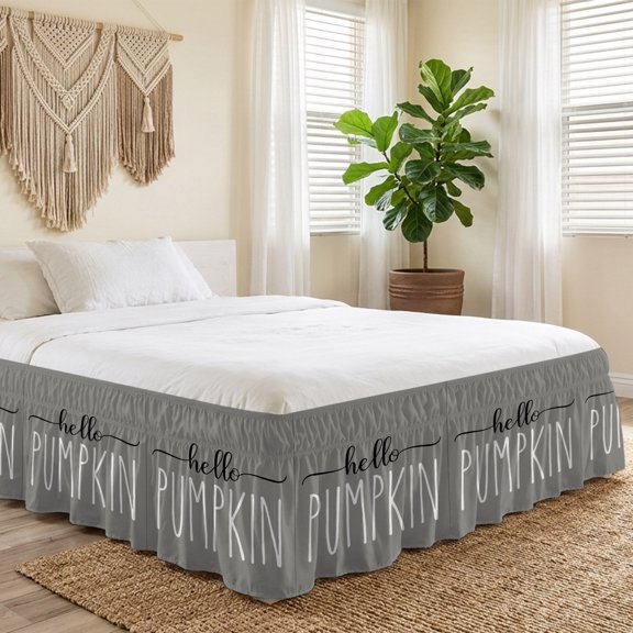 King Bed Skirt 16 Inch Drop, Thanksgiving Fall Hello Pumpkin Quote Easy Fit Wrap Around Ruffle Bedding, Black White Word on Grey Bed Skirts with Adjustable Elastic Belt