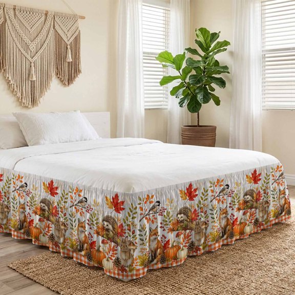 King Bed Skirt 16 Inch Drop, Thanksgiving Red Fox Rabbit Hedgehog Easy Fit Wrap Around Ruffle Bedding, Maple Leaves Bed Skirts with Adjustable Elastic Belt