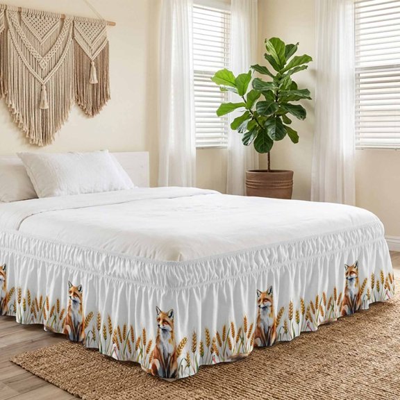 King Bed Skirt 16 Inch Drop, Watercolor Cute Fox Easy Fit Wrap Around Ruffle Bedding, Autumn Countryside Farmhouse Animals Bed Skirts with Adjustable Elastic Belt