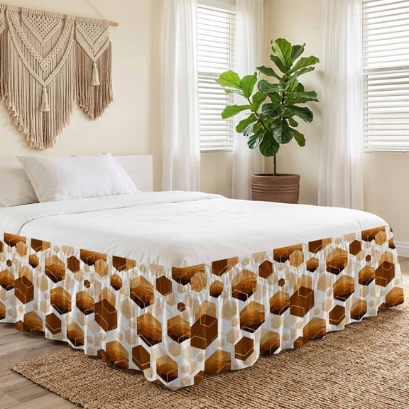 King Bed Skirt 16 Inch Drop, Watercolor Orange Hexagon Easy Fit Wrap Around Ruffle Bedding, Abstract Geometric Art Bed Skirts with Adjustable Elastic Belt