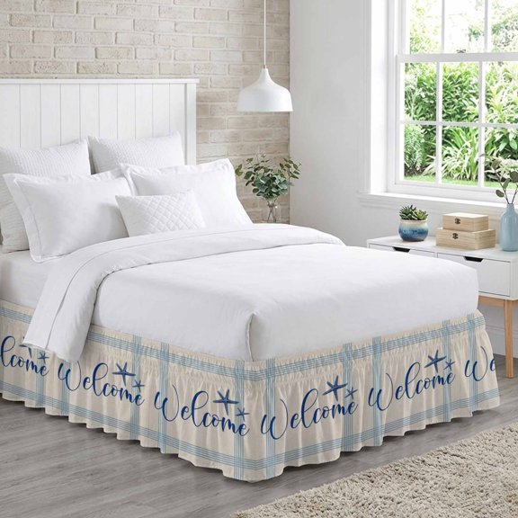 King Bed Skirt 16 Inch Drop, Welcome Word on Stripe Easy Fit Wrap Around Ruffle Bedding, Seaside Blue Starfish Line Stripes Bed Skirts with Adjustable Elastic Belt