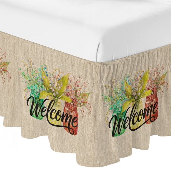 King Bed Skirt 16 Inch Drop, Welcome Words on Retro Linen Easy Fit Wrap Around Ruffle Bedding, Flowers in Bottle Bed Skirts with Adjustable Elastic Belt