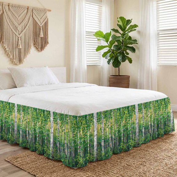King Bed Skirt 16 Inch Drop, Wild Natural Forest Green Leaves Easy Fit Wrap Around Ruffle Bedding, Oil Painting Botanical Tree Bed Skirts with Adjustable Elastic Belt