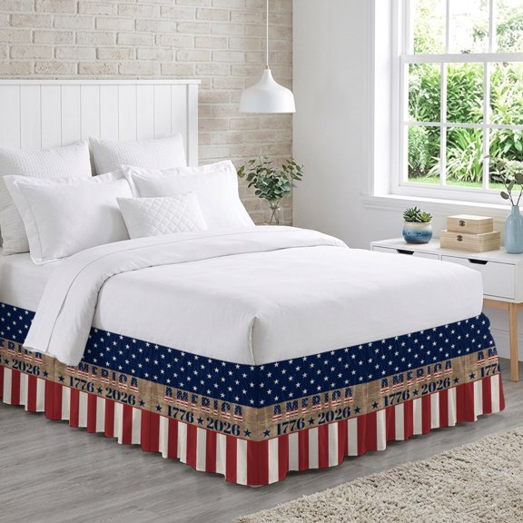 King Bed Skirt 18 Inch Drop, 1776-2026 American Words Easy Fit Wrap Around Ruffle Bedding, Star Striped Flags Bed Skirts with Adjustable Elastic Belt
