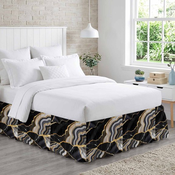 King Bed Skirt 18 Inch Drop, Abstract Flowing Marble Fluid Art Easy Fit Wrap Around Ruffle Bedding, Black and Gold Lines Bed Skirts with Adjustable Elastic Belt