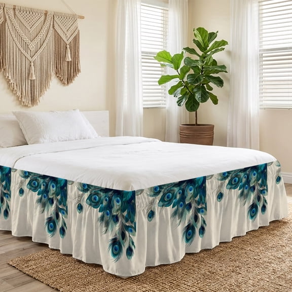 King Bed Skirt 18 Inch Drop, Abstract Peacock Feather on Beige Easy Fit Wrap Around Ruffle Bedding, Animal Plume Art Bed Skirts with Adjustable Elastic Belt