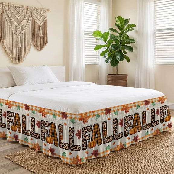 King Bed Skirt 18 Inch Drop, Autumn FALL Funny Word Easy Fit Wrap Around Ruffle Bedding, Orange and Beige Lattice Bed Skirts with Adjustable Elastic Belt