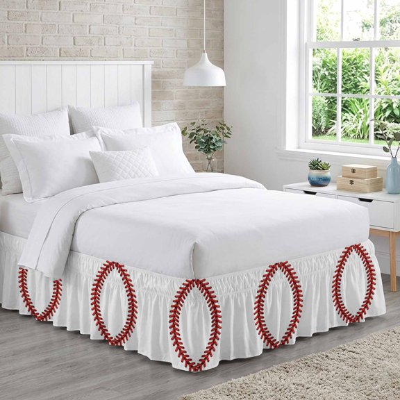 King Bed Skirt 18 Inch Drop, Baseball Stitches Texture Easy Fit Wrap Around Ruffle Bedding, Modern Minimalist Sport Theme Bed Skirts with Adjustable Elastic Belt