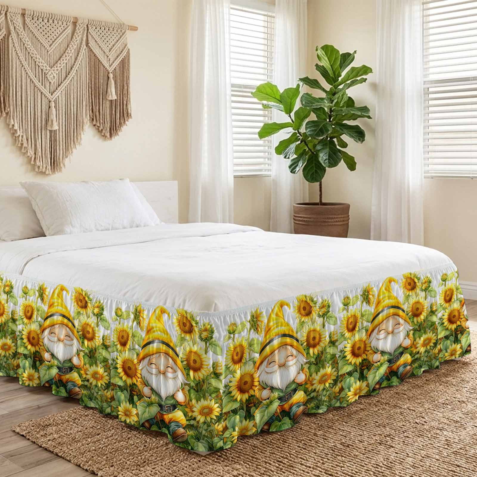 King Bed Skirt 18 Inch Drop, Bee Dwarf Sunflower Watercolor Easy Fit ...