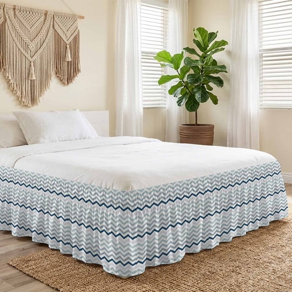 King Bed Skirt 18 Inch Drop, Blue Gray Chevron Modern Geometric Art Easy Fit Wrap Around Ruffle Bedding, Zig Zag Lines Bed Skirts with Adjustable Elastic Belt