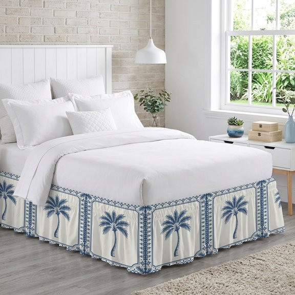 King Bed Skirt 18 Inch Drop, Coastal Navy Blue Tropical Palm Tree Easy Fit Wrap Around Ruffle Bedding, Classic Leaf Border Bed Skirts with Adjustable Elastic Belt