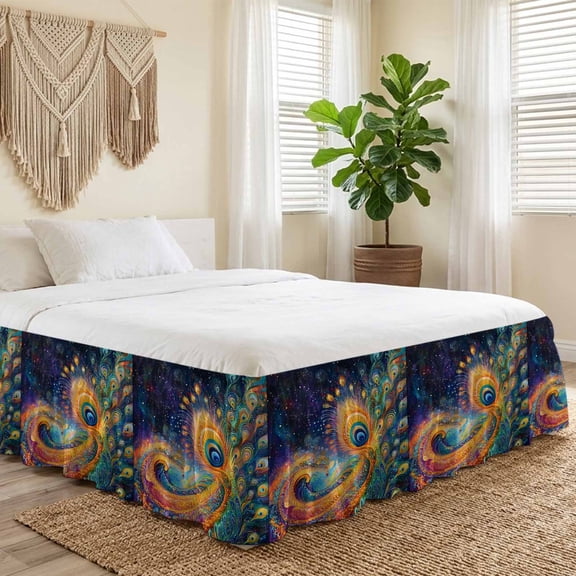 King Bed Skirt 18 Inch Drop, Cosmic Peacock Feathers Easy Fit Wrap Around Ruffle Bedding, Galaxy Background Bed Skirts with Adjustable Elastic Belt