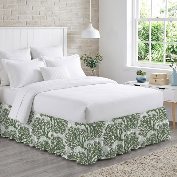 King Bed Skirt 18 Inch Drop, Deep Forest Green Corals Easy Fit Wrap Around Ruffle Bedding, Retro Marine Life Bed Skirts with Adjustable Elastic Belt