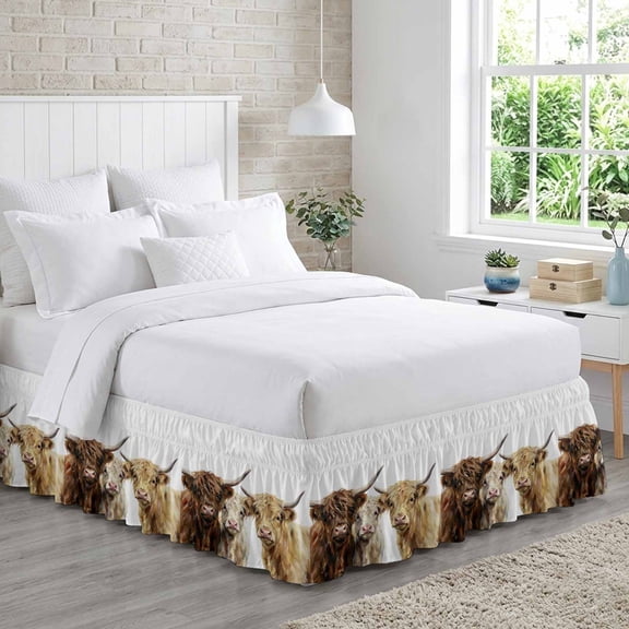 King Bed Skirt 18 Inch Drop, Farmhouse Highland Cows Easy Fit Wrap Around Ruffle Bedding, Watercolor Three Highland Cattle Bed Skirts with Adjustable Elastic Belt