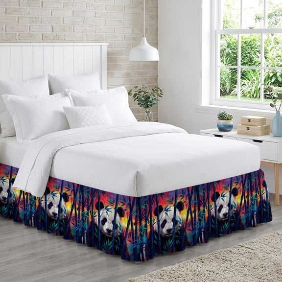 King Bed Skirt 18 Inch Drop, Funny Animal Giant Panda Easy Fit Wrap Around Ruffle Bedding, Green Plants Bamboos Bed Skirts with Adjustable Elastic Belt