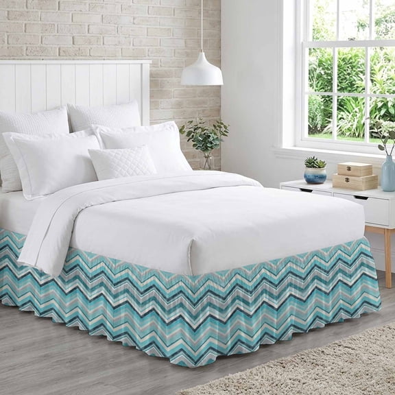 King Bed Skirt 18 Inch Drop, Geometric Zig Zag Art Stripes Easy Fit Wrap Around Ruffle Bedding, Multicolor Chevron Bed Skirts with Adjustable Elastic Belt