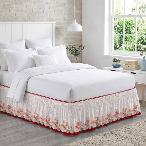 King Bed Skirt 18 Inch Drop, Gradient Pink Ocean Wavy Texture Easy Fit Wrap Around Ruffle Bedding, Coastal Red Coral Border Bed Skirts with Adjustable Elastic Belt