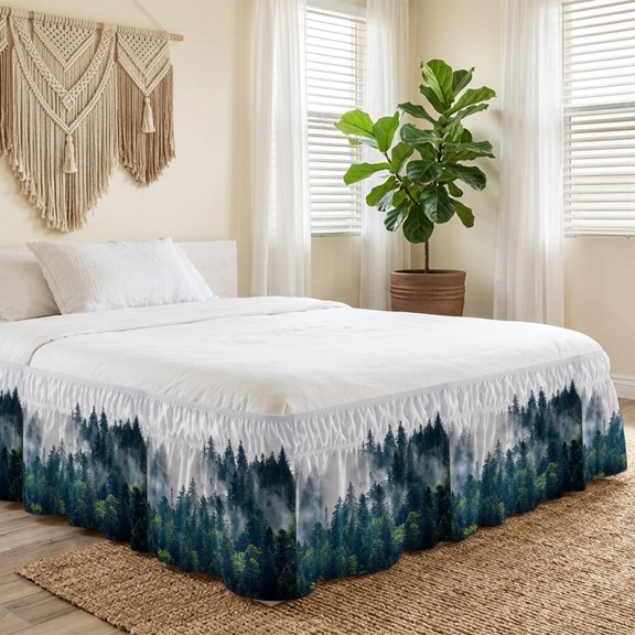 King Bed Skirt 18 Inch Drop, Misty Forest Green Tree Easy Fit Wrap Around Ruffle Bedding, Natural Scenery Bed Skirts with Adjustable Elastic Belt
