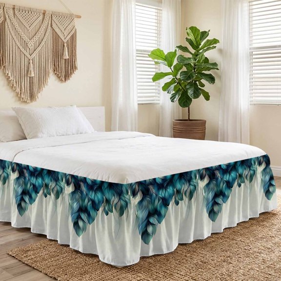 King Bed Skirt 18 Inch Drop, Peacock Feather Blue Gradient Easy Fit Wrap Around Ruffle Bedding, Minimalist Style Bed Skirts with Adjustable Elastic Belt