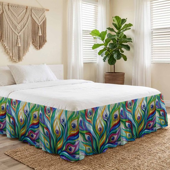 King Bed Skirt 18 Inch Drop, Peacock Feathers Colorful Gradient Easy Fit Wrap Around Ruffle Bedding, Vibrant Abstract Art Bed Skirts with Adjustable Elastic Belt