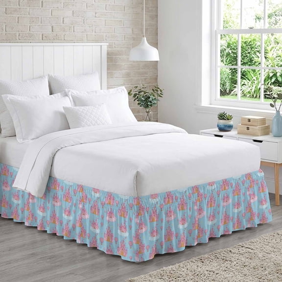 King Bed Skirt 18 Inch Drop, Pink Dream Castle Cloud Balloons on Blue Easy Fit Wrap Around Ruffle Bedding, Children's Day Bed Skirts with Adjustable Elastic Belt
