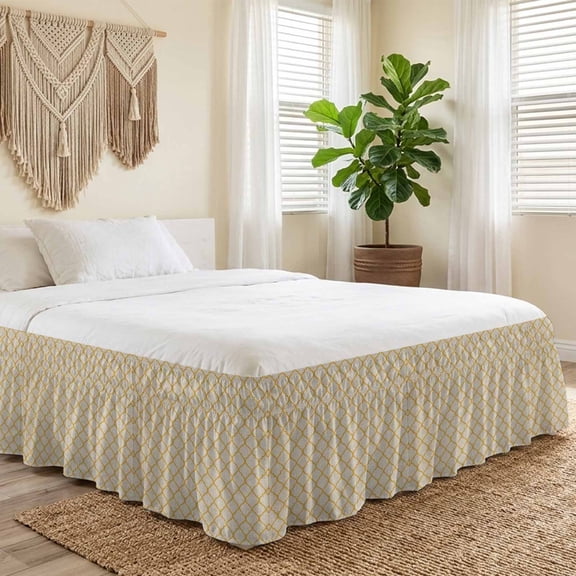 King Bed Skirt 18 Inch Drop, Rustic Morocco Tile Lattice Pattern Easy Fit Wrap Around Ruffle Bedding, Farmhouse Burlap Texture Bed Skirts with Adjustable Elastic Belt