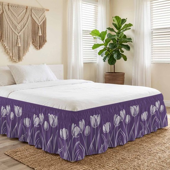 King Bed Skirt 18 Inch Drop, Spring Garden Tulip on Purple Easy Fit Wrap Around Ruffle Bedding, Abstract Flower Silhouette Bed Skirts with Adjustable Elastic Belt