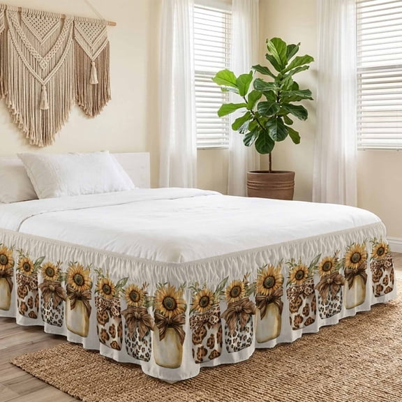 King Bed Skirt 18 Inch Drop, Summer Sunflower Leopard Print Bow Easy Fit Wrap Around Ruffle Bedding, Vintage Linen Bed Skirts with Adjustable Elastic Belt