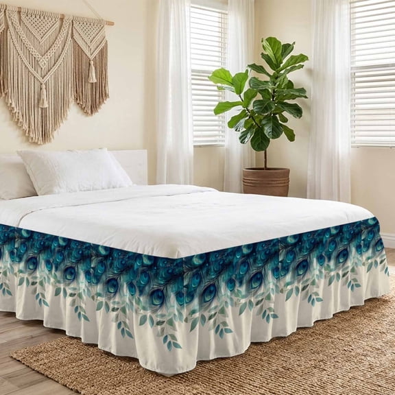 King Bed Skirt 18 Inch Drop, Tropical Peacock Feathers Easy Fit Wrap Around Ruffle Bedding, Classic Gradient Teal Pattern Bed Skirts with Adjustable Elastic Belt