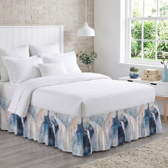 King Bed Skirt 18 Inch Drop, Watercolor Art Abstract Waterfall Easy Fit Wrap Around Ruffle Bedding, Natural Cliff Scenery Bed Skirts with Adjustable Elastic Belt
