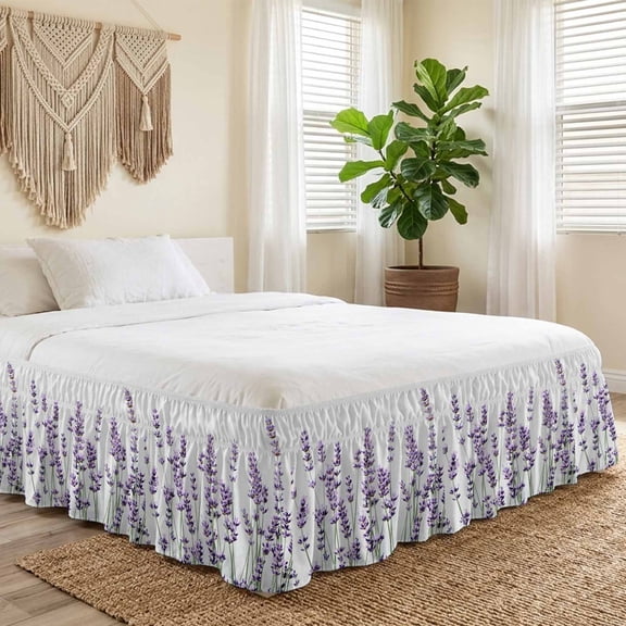 King Bed Skirt 18 Inch Drop, Watercolor Rural Purple Lavender on White Easy Fit Wrap Around Ruffle Bedding, Summer Flower Bed Skirts with Adjustable Elastic Belt
