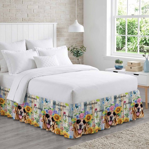 King Bed Skirt 18 Inch Drop, Welcome to Spring Words Easy Fit Wrap Around Ruffle Bedding, Farm Cute Dog Flowers Bed Skirts with Adjustable Elastic Belt