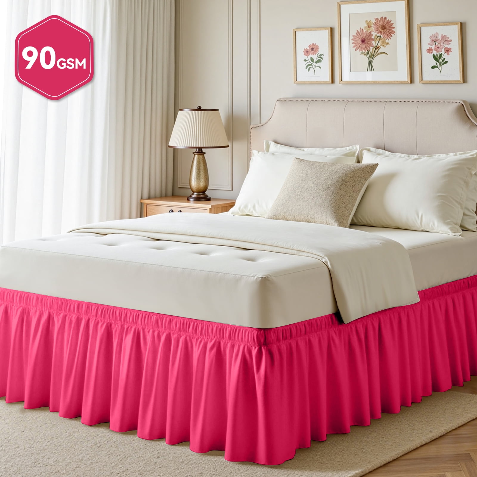 King Bed Skirt, 18 inch Tailored Drop with Elastic Belt, Easy Install, Rose Red