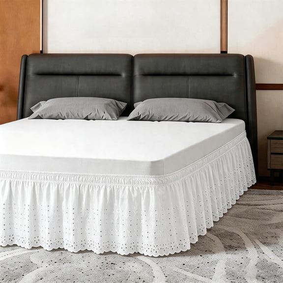 King Bed Skirt Wrap-around Elastic Ruffled Eyelet Size Dust Ruffle With Gathered Styling And Embroidered Details 14" Drop Length (white)