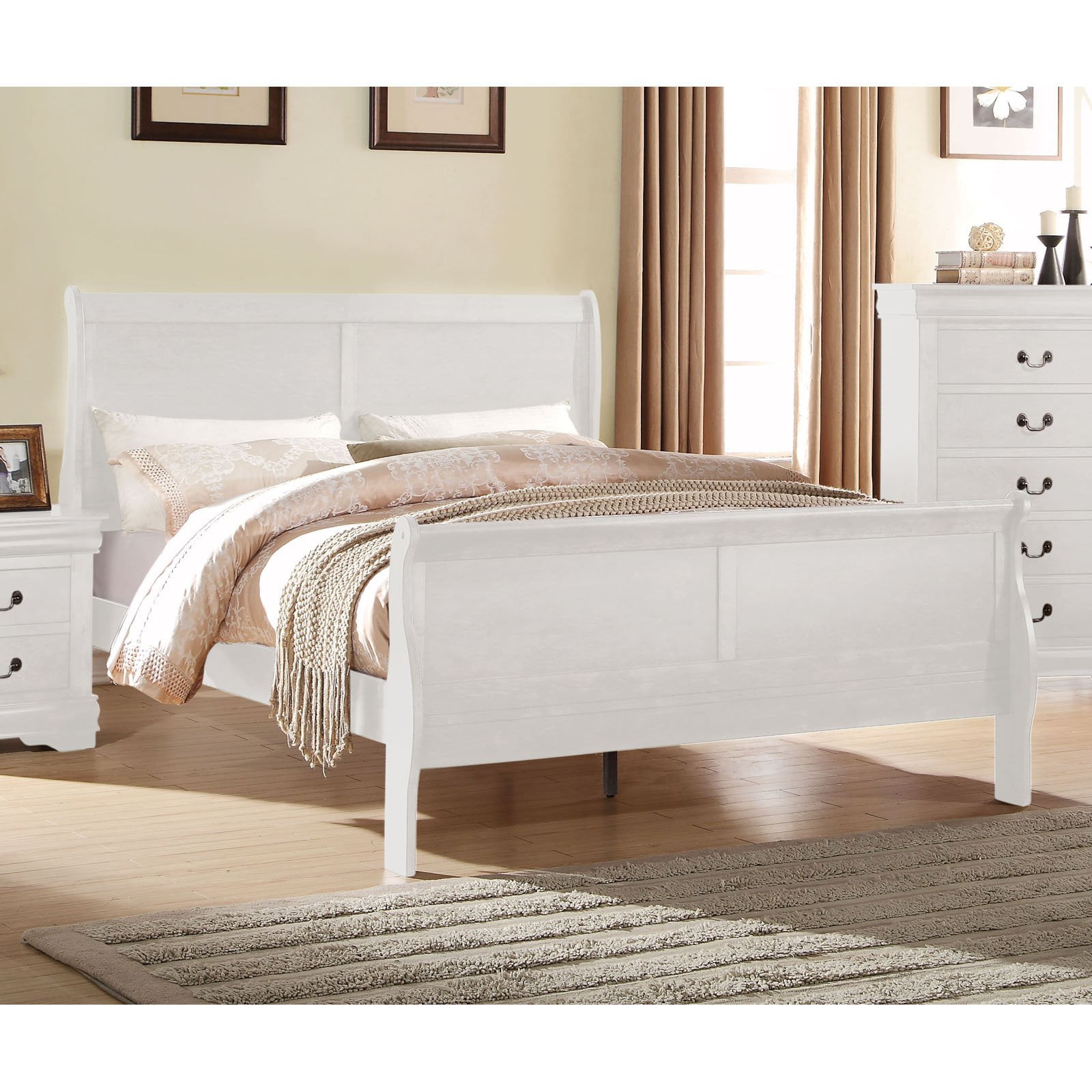 White Upholstered King Platform Bed with Wood Frame and Headboard