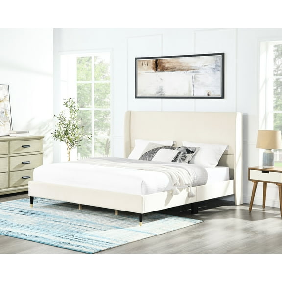 King Bed With Beige Velvet Upholstery - Wingback Style For Elegance Luxury Bedroom