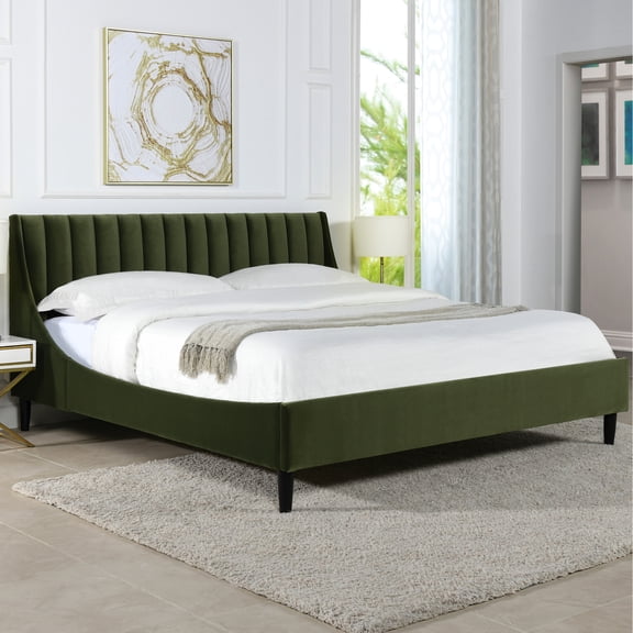 King Bed With Headboard In Olive Velvet Handmade Classy