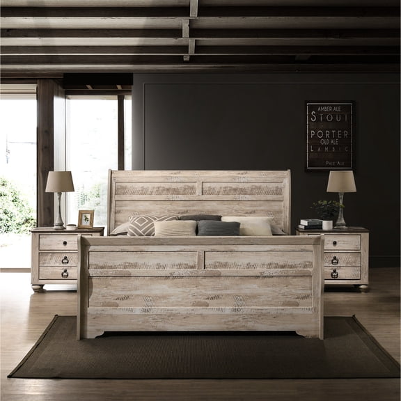 King Bed and 2 Nightstands Set | Transform Bedroom with Shabby-Chic Look, Bedroom Use | Hardwood with Distressed Finish | Metal Ring and Nob Handles