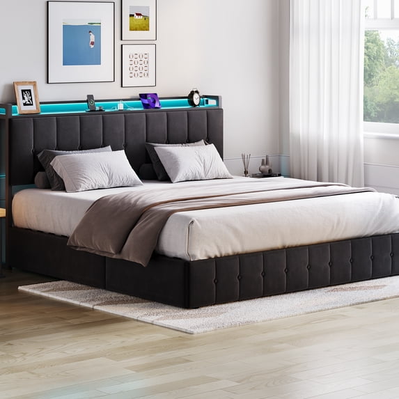 King Bed with LED Lights and Lift-Up Storage, Velvet Upholstered Platform Frame Features Power Outlets & Hydraulic Base, No Box Spring, Black