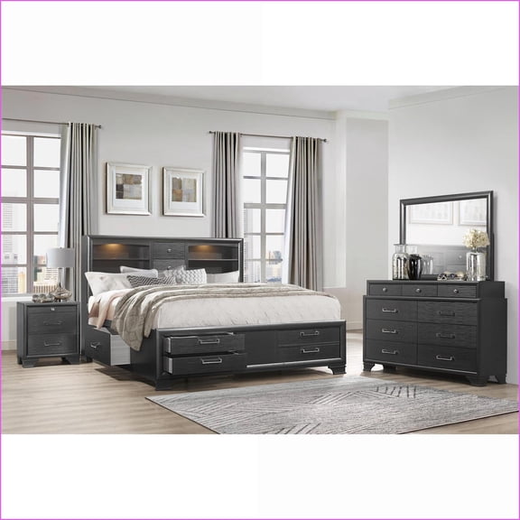 King Bedroom Set, 5-Piece Slate Gray with Storage | Bookcase Bed | Solid Wood+MDF