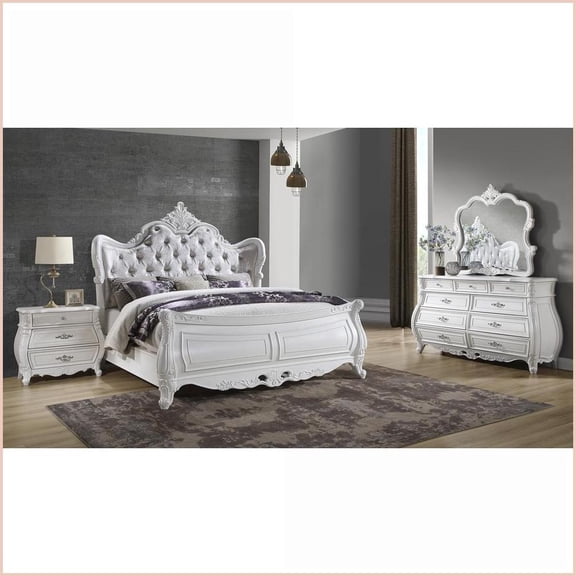 King Bedroom Set for Master Bedrooms, Modern 4-Piece Wood with Tufted Headboard & Storage, Pearl White | Wood | White