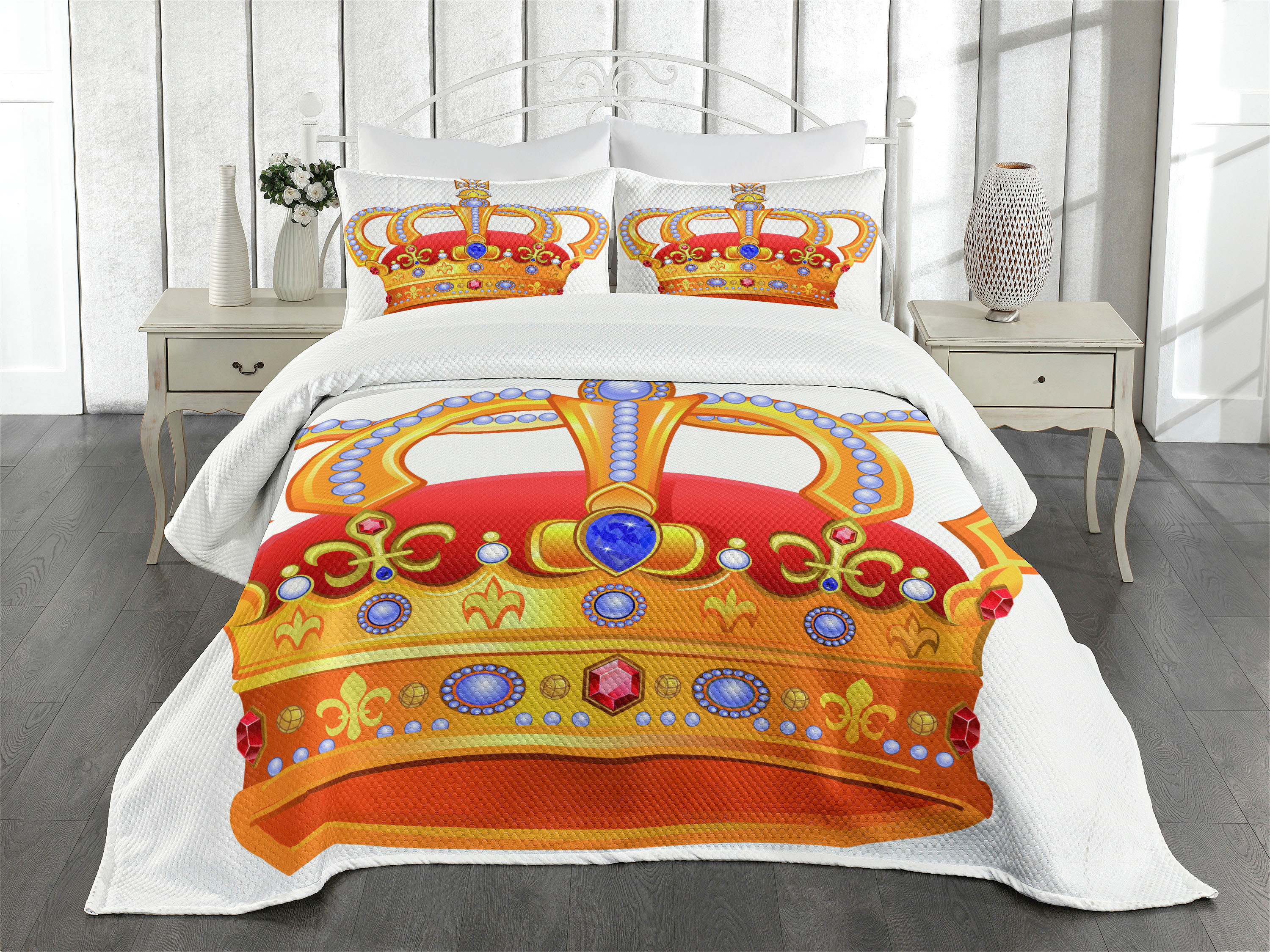 King Bedspread Set Queen Size, Royal Crown with Gem Like Image Symbol