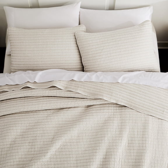 King Beige Striped Quilt Set Farmhouse Rustic Bedding
