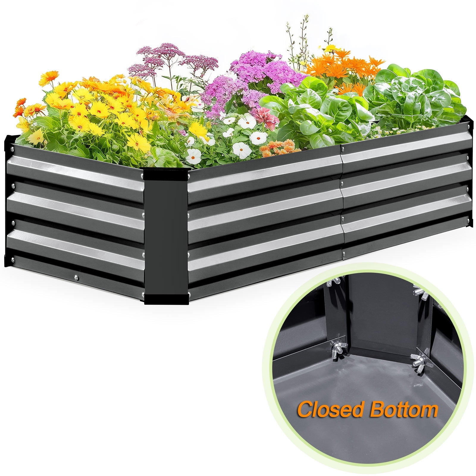 King Bird 4x2x1 ft Galvanized Metal Raised Garden Bed with Bottom Closed - Elevated Planter Box for Indoor, Outdoor, Patio & Balcony Gardening Dark Gray