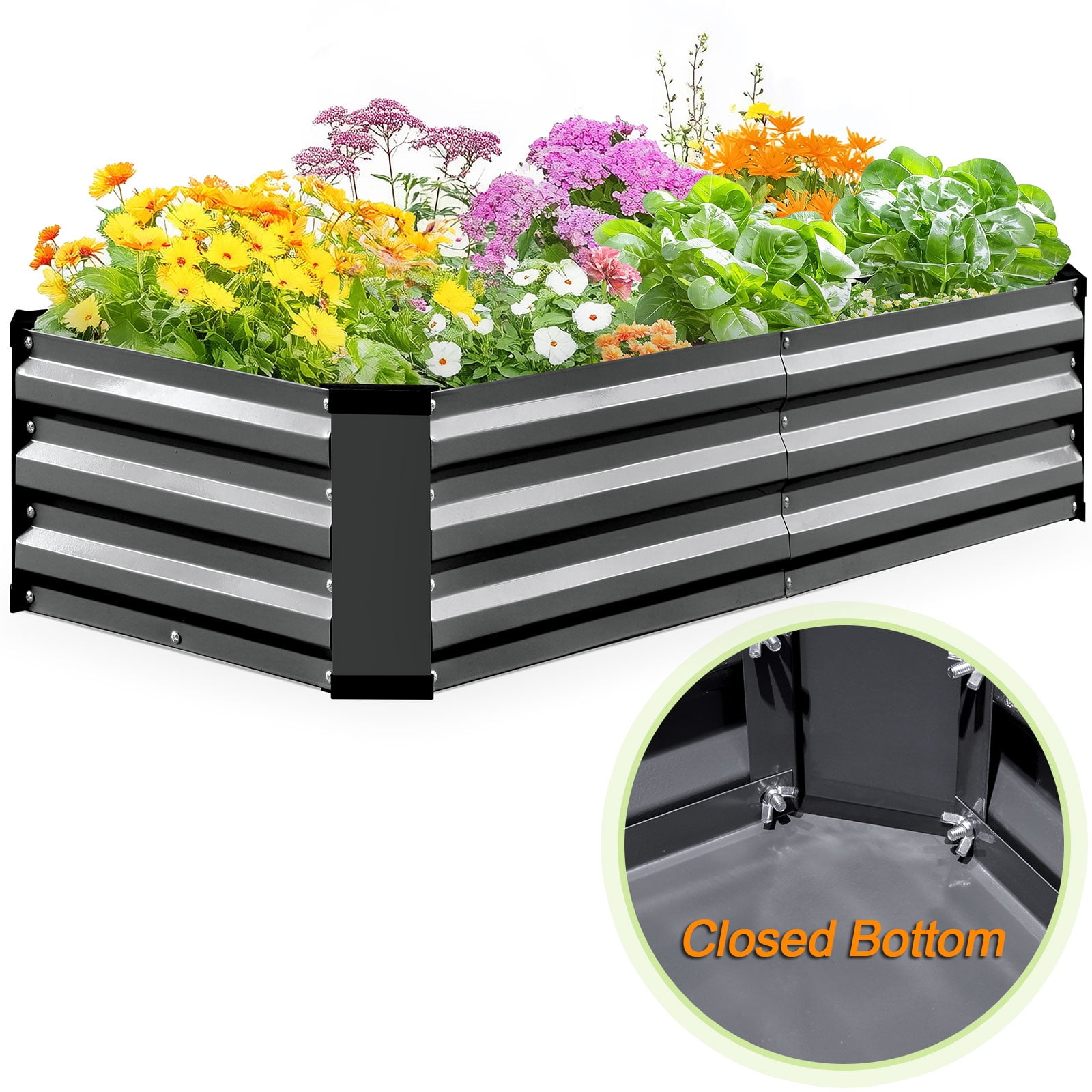 King Bird 4x2x1 ft Galvanized Metal Raised Garden Bed with Bottom Closed - Elevated Planter Box for Indoor, Outdoor, Patio & Balcony Gardening Dark Gray