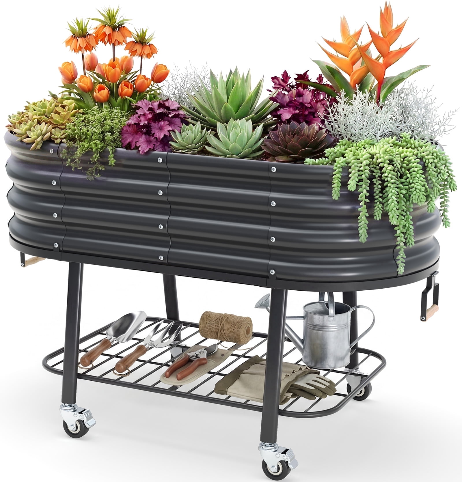 King Bird Galvanized Steel Metal Raised Garden Bed Kit with Storage Shelf & Wheels 47"x23"x30" Metal Planter Box, Elevated Garden Bed  Outdoor for Vegetables Flowers Dark Gray