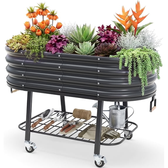 King Bird Galvanized Steel Metal Raised Garden Bed Kit with Storage Shelf & Wheels 47"x23"x30" Metal Planter Box, Elevated Garden Bed Outdoor for Vegetables Flowers Dark Gray