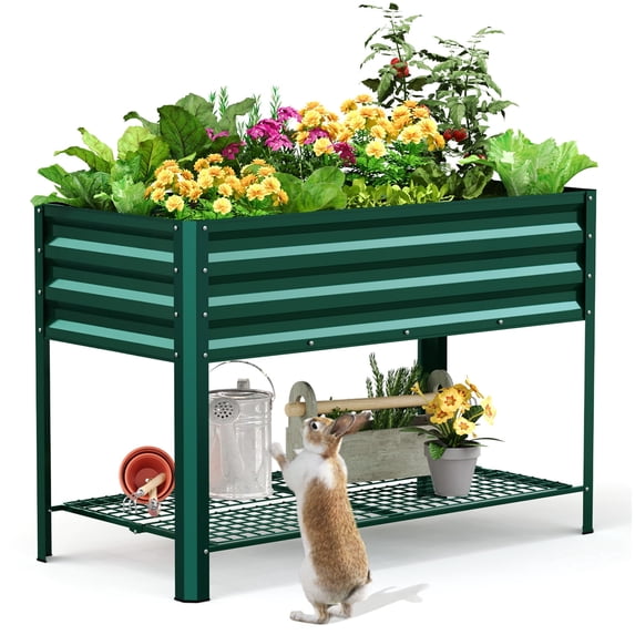 King Bird Galvanized Steel Raised Garden Bed Kit with Storage Shelf 47.2"x22.8"x31.5" Metal Planter Box, Elevated Garden Bed with Drainage Holes Outdoor for Vegetables Flowers Green